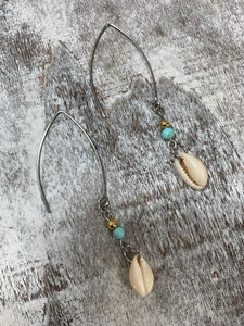 Cowrie Shell Blue Stone kidney hook earrings